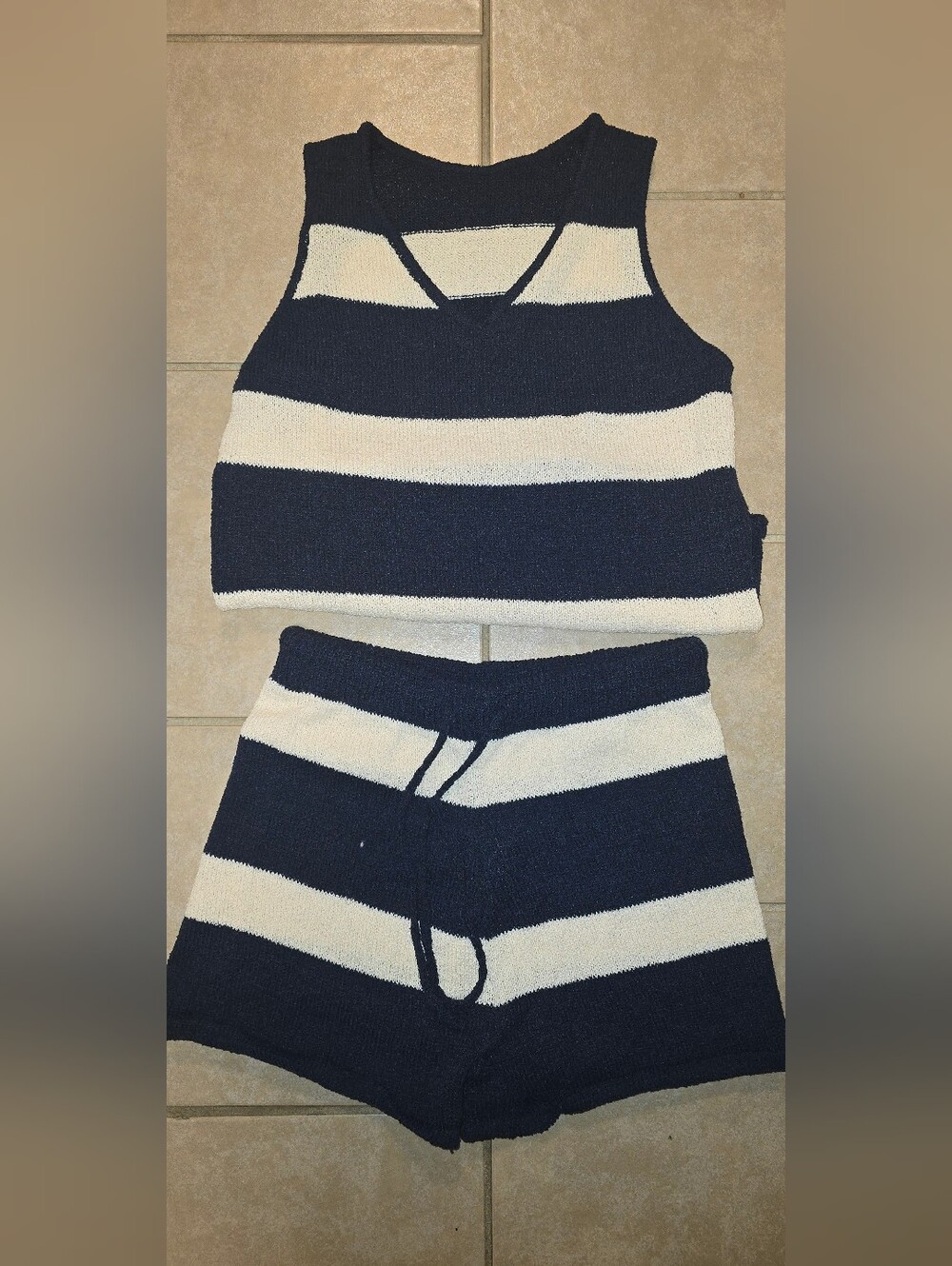 Navy and Cream Striped Knit Two-Piece Set